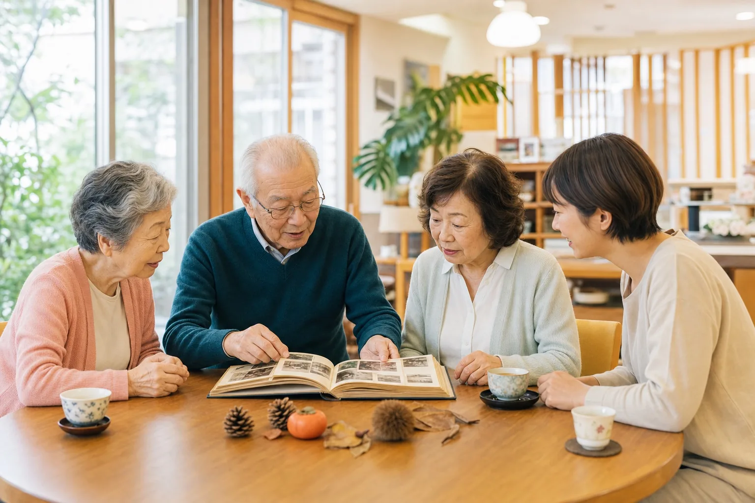 写真アルバムを囲み自分史づくりに取り組む様子