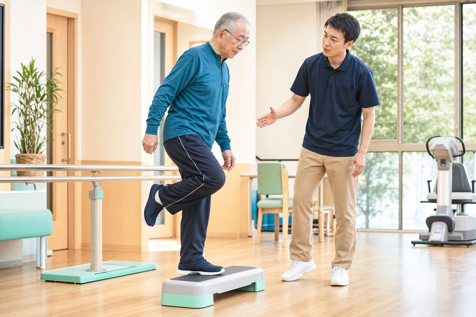 段差を使った機能トレーニングに取り組む様子
